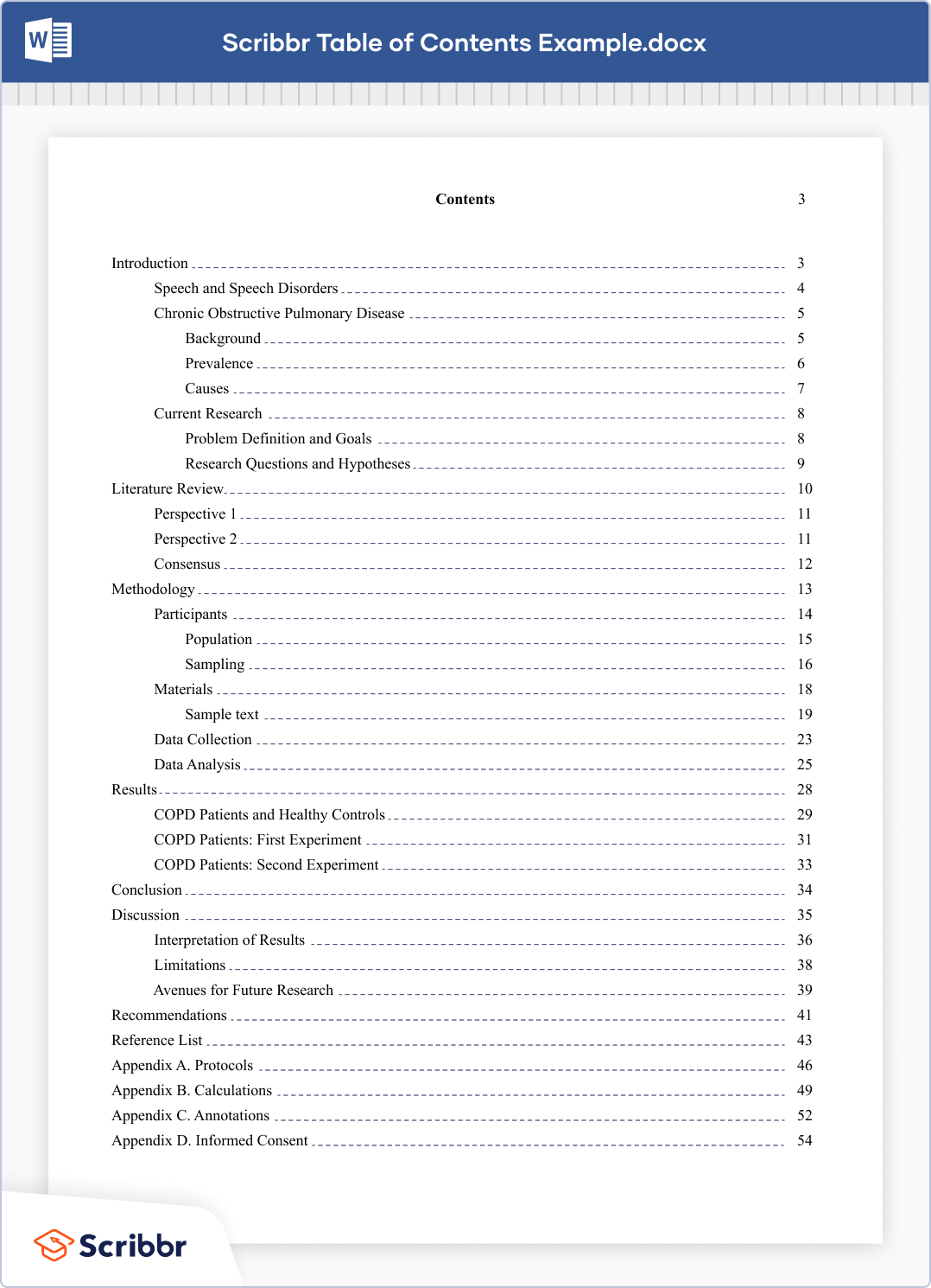 master's thesis table of contents example